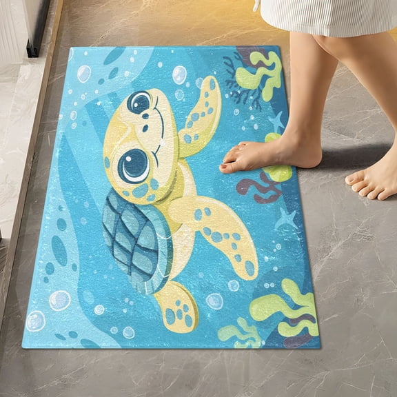 Toilet Rug Rectangle Bathroom Rugs Non-Slip Soft Plush Machine Washable Contour Bath Mat Cute Turtle Swimming 24x16