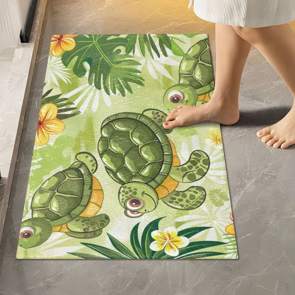 Toilet Rug Rectangle Bathroom Rugs Non-Slip Soft Plush Machine Washable Contour Bath Mat Cute Turtle with Leaves 24x16