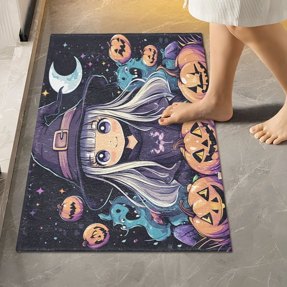 Toilet Rug Rectangle Bathroom Rugs Non-Slip Soft Plush Machine Washable Contour Bath Mat Cute Witch Pumpkins Moon 24x16