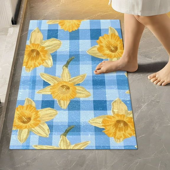 Toilet Rug Rectangle Bathroom Rugs Non-Slip Soft Plush Machine Washable Contour Bath Mat Daffodils Flower on Checkered 24x16