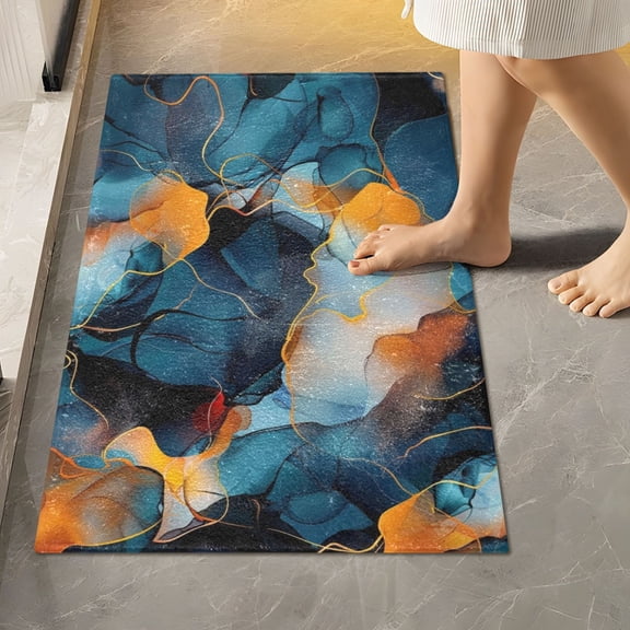 Toilet Rug Rectangle Bathroom Rugs Non-Slip Soft Plush Machine Washable Contour Bath Mat Dark Blue and Orange Marble 24x16
