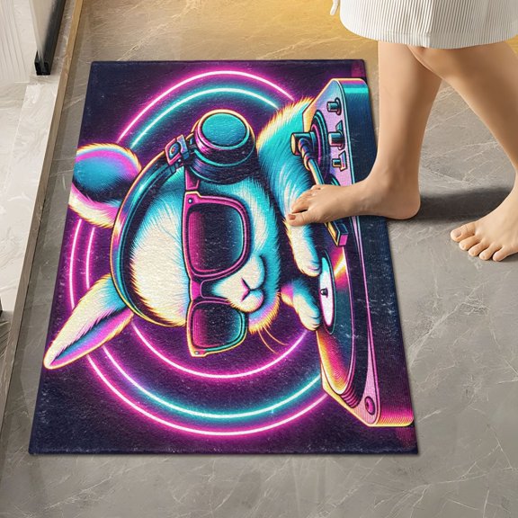 Toilet Rug Rectangle Bathroom Rugs Non-Slip Soft Plush Machine Washable Contour Bath Mat Dj Rabbit with Neon Sunglasses 24x16