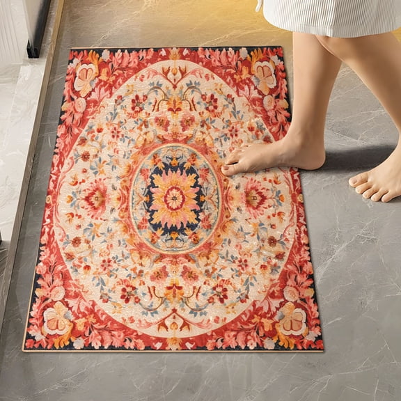 Toilet Rug Rectangle Bathroom Rugs Non-Slip Soft Plush Machine Washable Contour Bath Mat Elegant Mandala Design 24x16