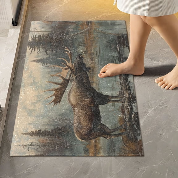 Toilet Rug Rectangle Bathroom Rugs Non-Slip Soft Plush Machine Washable Contour Bath Mat Elk at Water Edge in Forest 24x16