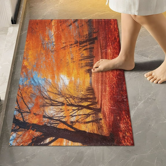 Toilet Rug Rectangle Bathroom Rugs Non-Slip Soft Plush Machine Washable Contour Bath Mat Fall Leaves with Forest 24x16