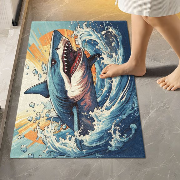 Toilet Rug Rectangle Bathroom Rugs Non-Slip Soft Plush Machine Washable Contour Bath Mat Ferocious Shark 24x16