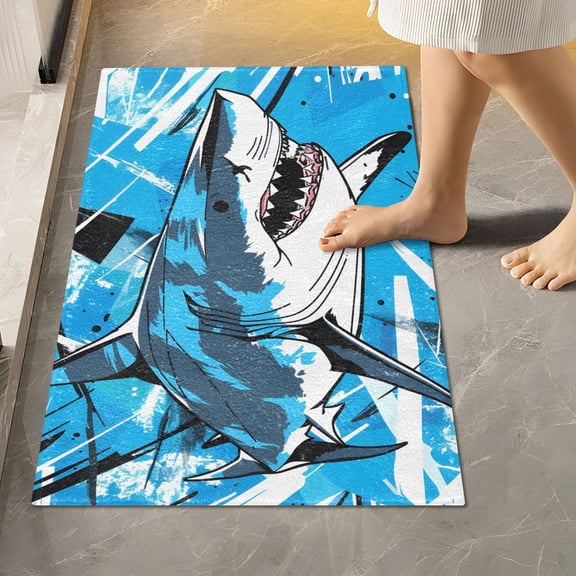 Toilet Rug Rectangle Bathroom Rugs Non-Slip Soft Plush Machine Washable Contour Bath Mat Fierce Shark 24x16