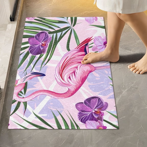 Toilet Rug Rectangle Bathroom Rugs Non-Slip Soft Plush Machine Washable Contour Bath Mat Flamingo with Phalaenopsis 24x16