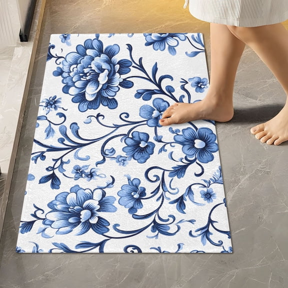 Toilet Rug Rectangle Bathroom Rugs Non-Slip Soft Plush Machine Washable Contour Bath Mat Floral with Blue Flowers 24x16