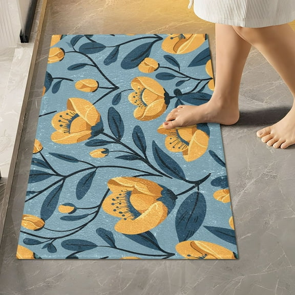 Toilet Rug Rectangle Bathroom Rugs Non-Slip Soft Plush Machine Washable Contour Bath Mat Flowers Dark Blue Leaves 24x16