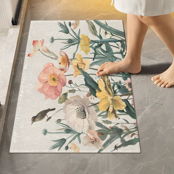 Toilet Rug Rectangle Bathroom Rugs Non-Slip Soft Plush Machine Washable Contour Bath Mat Flowers with Bird 24x16