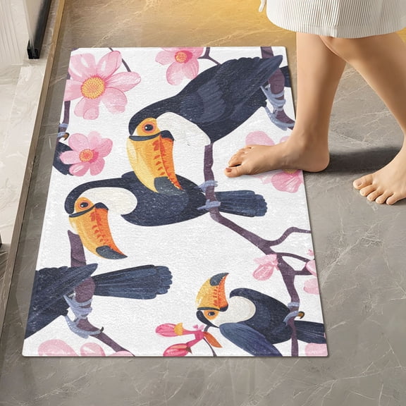 Toilet Rug Rectangle Bathroom Rugs Non-Slip Soft Plush Machine Washable Contour Bath Mat Funny Toucan Bird and Flower 24x16