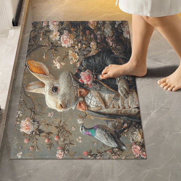 Toilet Rug Rectangle Bathroom Rugs Non-Slip Soft Plush Machine Washable Contour Bath Mat Gentleman Bunny with Bird 24x16