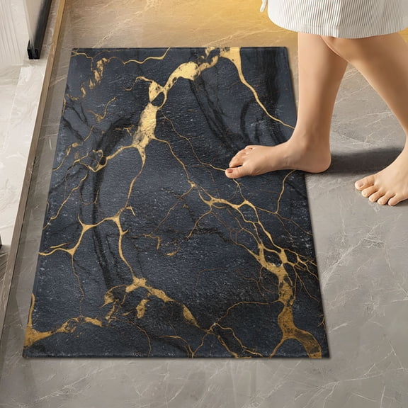 Toilet Rug Rectangle Bathroom Rugs Non-Slip Soft Plush Machine Washable Contour Bath Mat Glossy Black Gold Marble 24x16