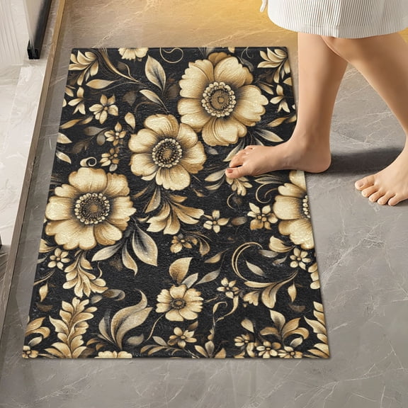 Toilet Rug Rectangle Bathroom Rugs Non-Slip Soft Plush Machine Washable Contour Bath Mat Gold Flowers and Leaves 24x16