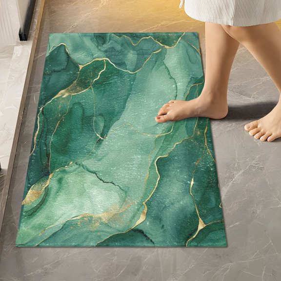 Toilet Rug Rectangle Bathroom Rugs Non-Slip Soft Plush Machine Washable Contour Bath Mat Green Gold Marble 24x16