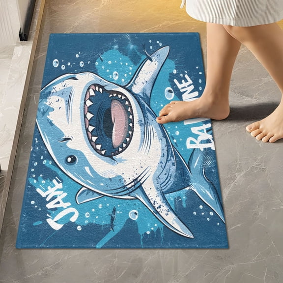 Toilet Rug Rectangle Bathroom Rugs Non-Slip Soft Plush Machine Washable Contour Bath Mat Hand Drawn Cartoon Shark 24x16