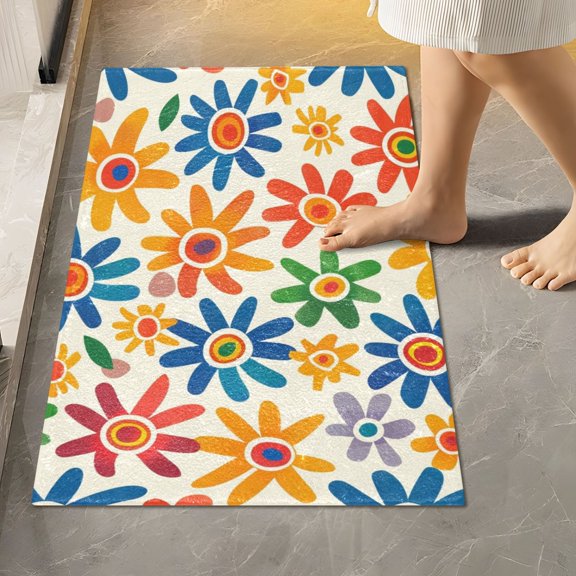 Toilet Rug Rectangle Bathroom Rugs Non-Slip Soft Plush Machine Washable Contour Bath Mat Hand Drawn Colorful Flower 24x16