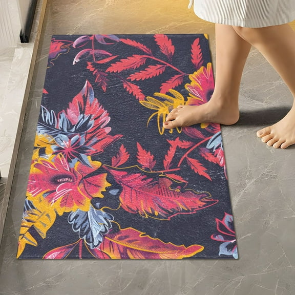 Toilet Rug Rectangle Bathroom Rugs Non-Slip Soft Plush Machine Washable Contour Bath Mat Hand Drawn Floral Plants 24x16