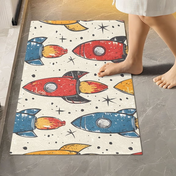 Toilet Rug Rectangle Bathroom Rugs Non-Slip Soft Plush Machine Washable Contour Bath Mat Hand Drawn Rocket 24x16