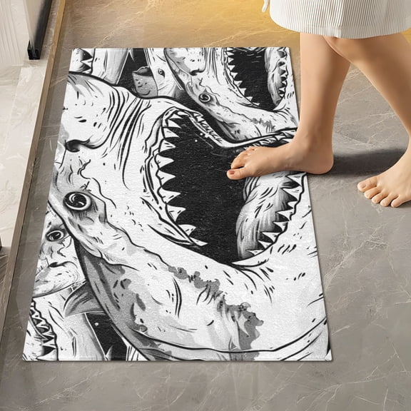 Toilet Rug Rectangle Bathroom Rugs Non-Slip Soft Plush Machine Washable Contour Bath Mat Hand Drawn Shark 24x16
