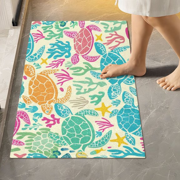 Toilet Rug Rectangle Bathroom Rugs Non-Slip Soft Plush Machine Washable Contour Bath Mat Hand Drawn Turtles 24x16