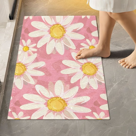 Toilet Rug Rectangle Bathroom Rugs Non-Slip Soft Plush Machine Washable Contour Bath Mat Hand Drawn White Daisy 24x16