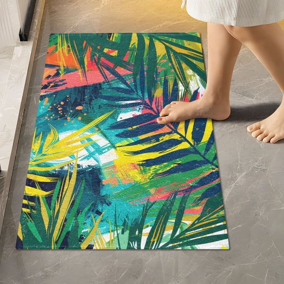Toilet Rug Rectangle Bathroom Rugs Non-Slip Soft Plush Machine Washable Contour Bath Mat Hand Painted Tropical Leaf 24x16