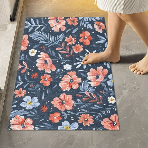 Toilet Rug Rectangle Bathroom Rugs Non-Slip Soft Plush Machine Washable Contour Bath Mat Hand-drawn Flowers 24x16