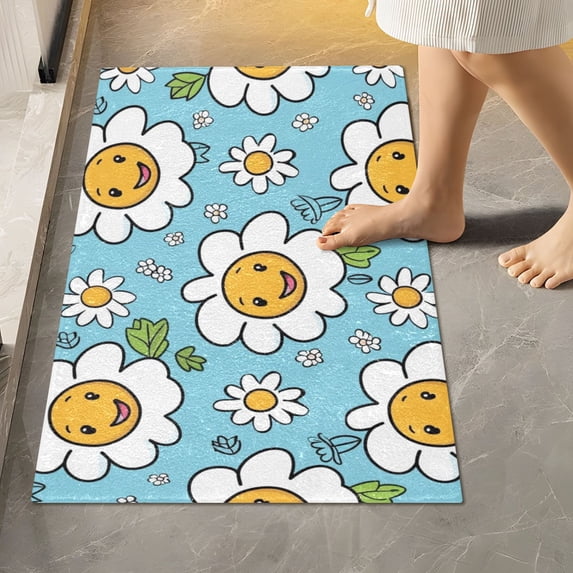 Toilet Rug Rectangle Bathroom Rugs Non-Slip Soft Plush Machine Washable Contour Bath Mat Happy Face Daisies Flower 24x16