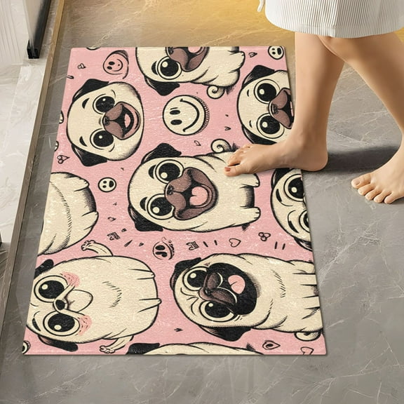 Toilet Rug Rectangle Bathroom Rugs Non-Slip Soft Plush Machine Washable Contour Bath Mat Happy Pug Dog 24x16