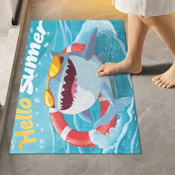 Toilet Rug Rectangle Bathroom Rugs Non-Slip Soft Plush Machine Washable Contour Bath Mat Hello Summer Shark 24x16