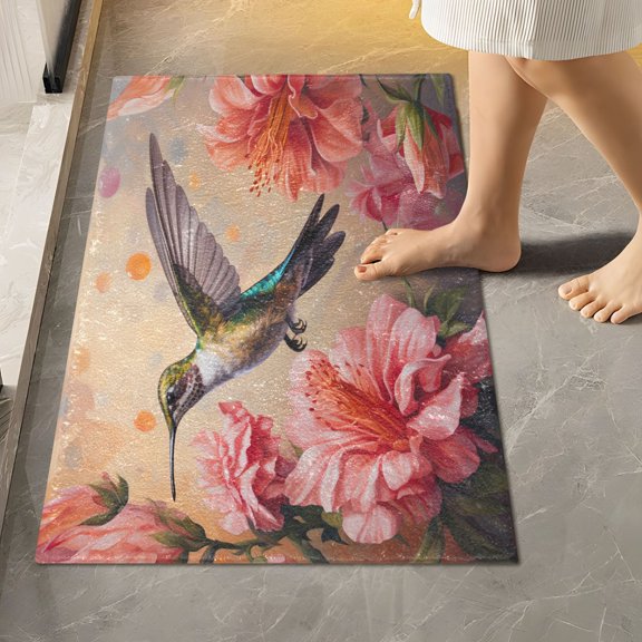 Toilet Rug Rectangle Bathroom Rugs Non-Slip Soft Plush Machine Washable Contour Bath Mat Hummingbird and Lily Flowers 24x16