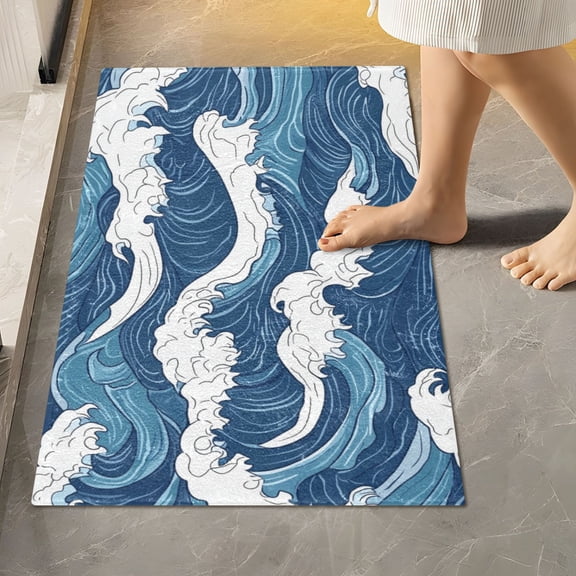 Toilet Rug Rectangle Bathroom Rugs Non-Slip Soft Plush Machine Washable Contour Bath Mat Japanese Style Waves 24x16