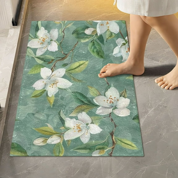 Toilet Rug Rectangle Bathroom Rugs Non-Slip Soft Plush Machine Washable Contour Bath Mat Jasmine Blossoms with Leaves 24x16