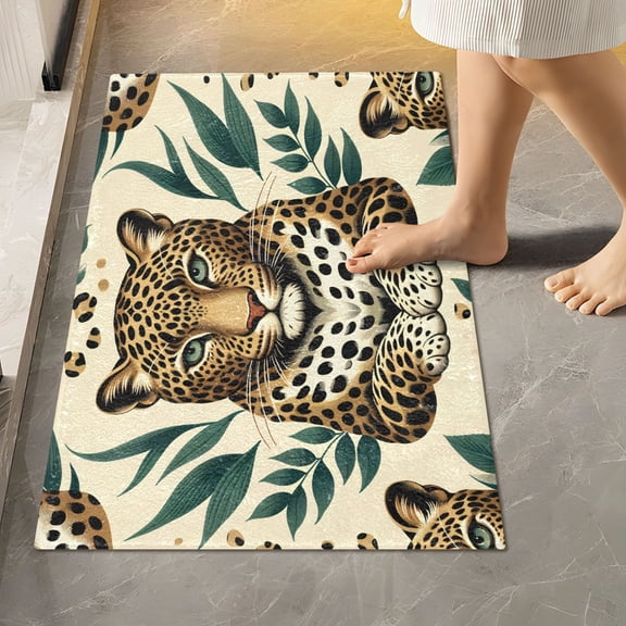 Toilet Rug Rectangle Bathroom Rugs Non-Slip Soft Plush Machine Washable Contour Bath Mat Leopard in Leaves 24x16