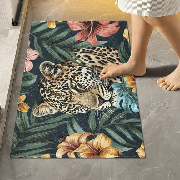 Toilet Rug Rectangle Bathroom Rugs Non-Slip Soft Plush Machine Washable Contour Bath Mat Leopard in Leaves Flower 24x16