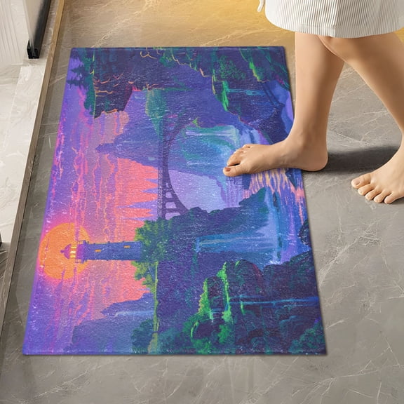 Toilet Rug Rectangle Bathroom Rugs Non-Slip Soft Plush Machine Washable Contour Bath Mat Lighthouse and Bridge on Sunset 24x16