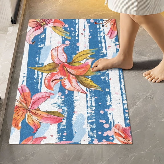 Toilet Rug Rectangle Bathroom Rugs Non-Slip Soft Plush Machine Washable Contour Bath Mat Lily Flowers on Stripe 24x16