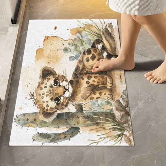 Toilet Rug Rectangle Bathroom Rugs Non-Slip Soft Plush Machine Washable Contour Bath Mat Little Leopard with Cactus 24x16