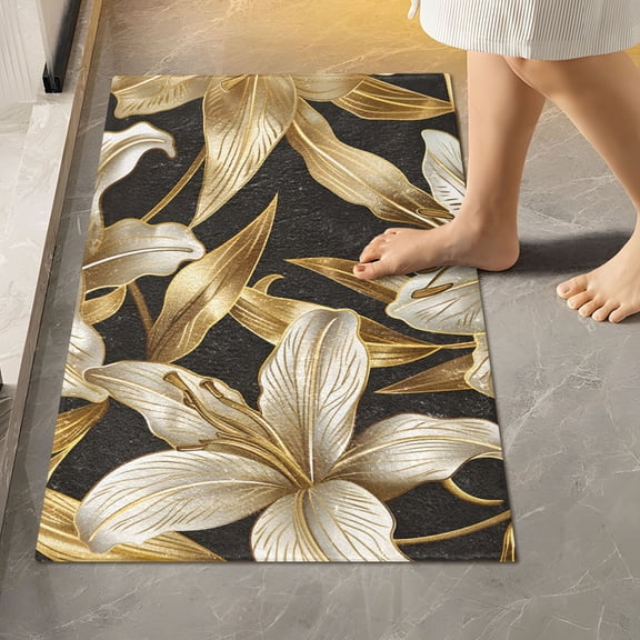 Toilet Rug Rectangle Bathroom Rugs Non-Slip Soft Plush Machine Washable Contour Bath Mat Luxury Lilies Floral Flower 24x16