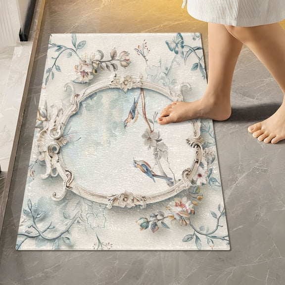 Toilet Rug Rectangle Bathroom Rugs Non-Slip Soft Plush Machine Washable Contour Bath Mat Mirror with Floral and Bird 24x16
