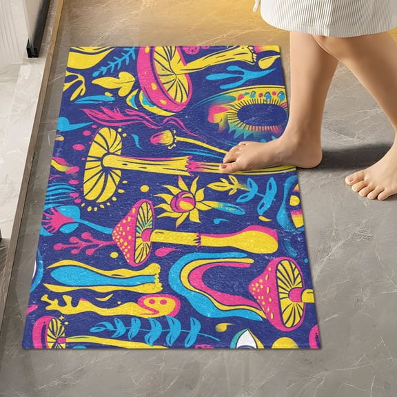Toilet Rug Rectangle Bathroom Rugs Non-Slip Soft Plush Machine Washable Contour Bath Mat Neon Colors Mushroom and Eye 24x16