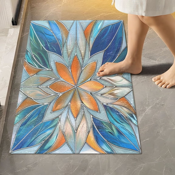 Toilet Rug Rectangle Bathroom Rugs Non-Slip Soft Plush Machine Washable Contour Bath Mat Orange Blue Floral Stained Glass 24x16