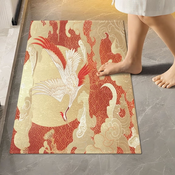 Toilet Rug Rectangle Bathroom Rugs Non-Slip Soft Plush Machine Washable Contour Bath Mat Oriental Crane Bird Flying 24x16