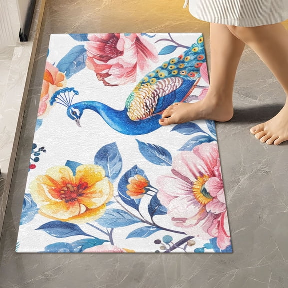 Toilet Rug Rectangle Bathroom Rugs Non-Slip Soft Plush Machine Washable Contour Bath Mat Peacock Bird and Beautiful Flowers 24x16