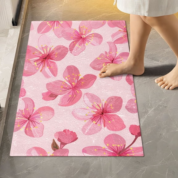 Toilet Rug Rectangle Bathroom Rugs Non-Slip Soft Plush Machine Washable Contour Bath Mat Pink Cherry Blossoms 24x16