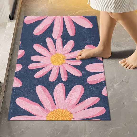 Toilet Rug Rectangle Bathroom Rugs Non-Slip Soft Plush Machine Washable Contour Bath Mat Pink Hand Drawn Daisy 24x16