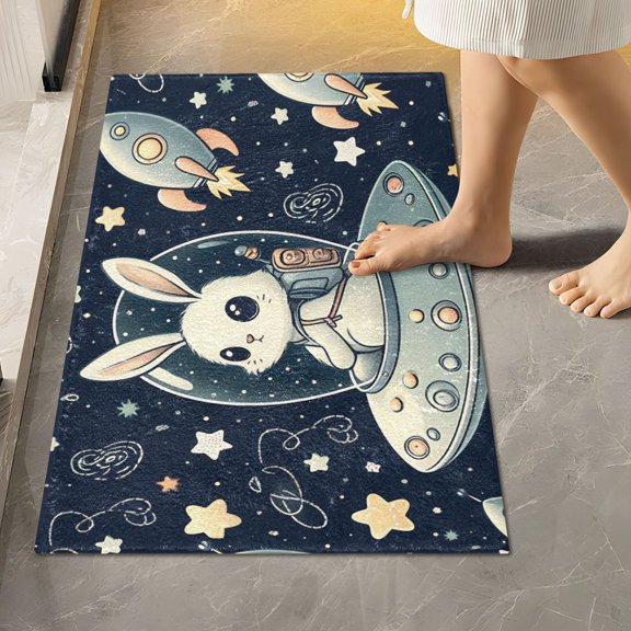 Toilet Rug Rectangle Bathroom Rugs Non-Slip Soft Plush Machine Washable Contour Bath Mat Rabbit in Ufo 24x16