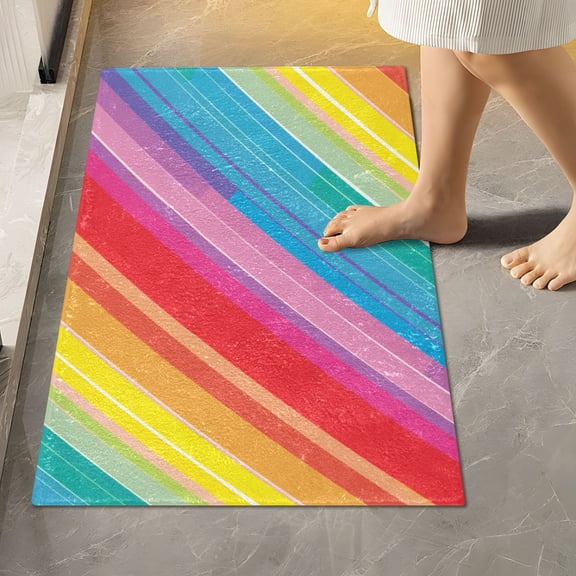 Toilet Rug Rectangle Bathroom Rugs Non-Slip Soft Plush Machine Washable Contour Bath Mat Rainbow Lines 24x16